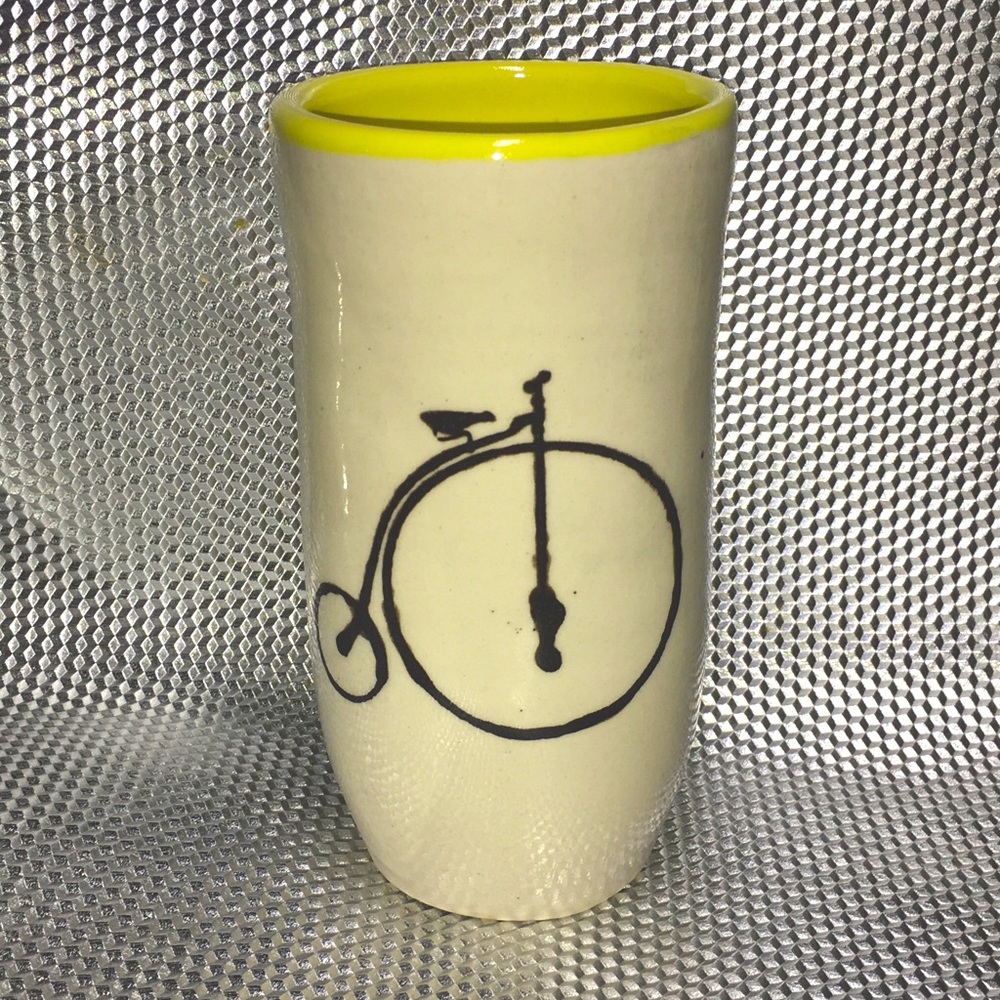 Studio pottery handmade glazed vintage bicycle cup vase signed